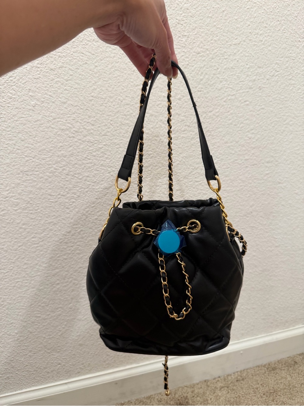 “New” Black Quilted Chain-Handle Mini Bucket Bag